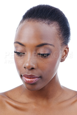 Buy stock photo Face, beauty and wellness with natural black woman in studio isolated on white background for skincare. Aesthetic, makeup or spa and confident young model with cosmetic treatment for dermatology