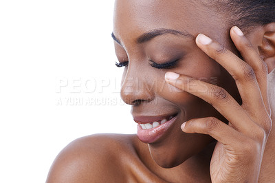 Buy stock photo Hand, skin and face of black woman, beauty and natural cosmetics with wellness isolated on white background. Dermatology, facial and clean makeup with skincare, smooth and soft with shine in studio