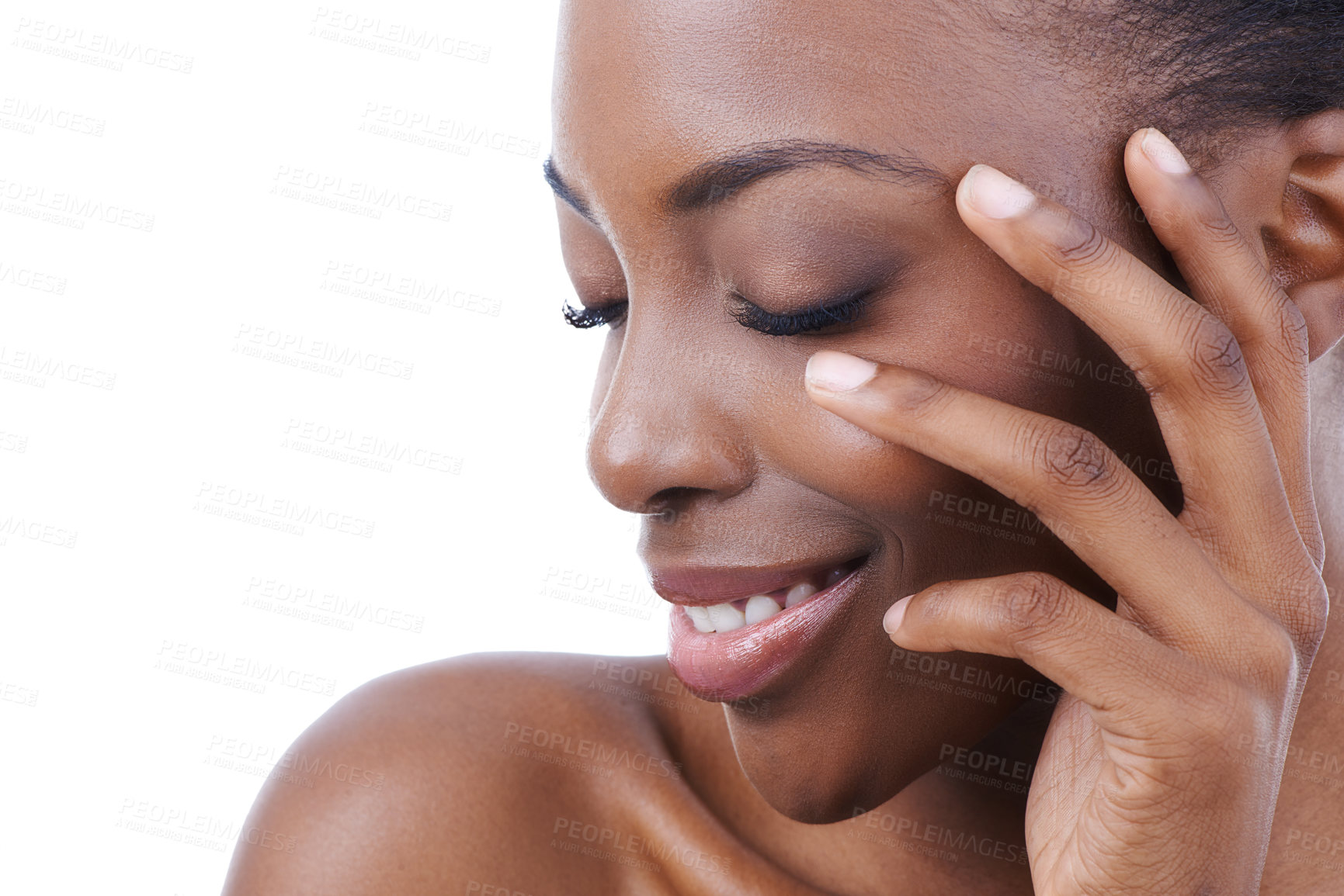 Buy stock photo Hand, skin and face of black woman, beauty and natural cosmetics with wellness isolated on white background. Dermatology, facial and clean makeup with skincare, smooth and soft with shine in studio