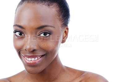 Buy stock photo Portrait, beauty and smile with natural black woman in studio isolated on white background for skincare. Face, aesthetic or happy and confident young model with cosmetic treatment for dermatology