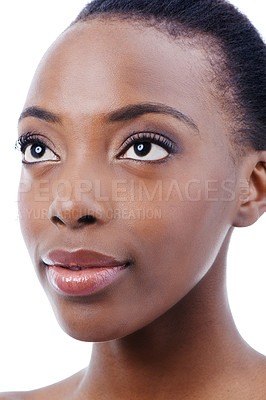 Buy stock photo Face, beauty and eyes with natural black woman in studio isolated on white background for skincare. Wellness, aesthetic or spa and confident young model with cosmetic treatment for dermatology