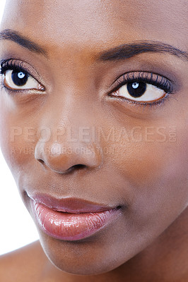 Buy stock photo Cosmetics, beauty and face of black woman on a white background for wellness, makeup and skincare. Dermatology, salon aesthetic and closeup of person with eyeshadow, lipstick and thinking in studio