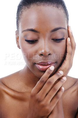 Buy stock photo Black woman, beauty and face with makeup in studio, white background or salon. Nails, skincare and African model with natural glow on healthy skin and hands from cosmetics or facial in mockup