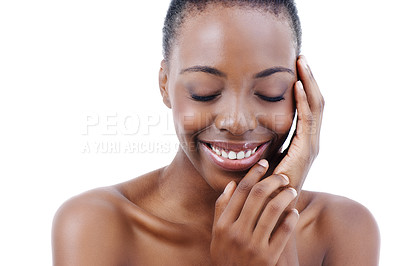 Buy stock photo Face, smile and skincare with happy black woman in studio isolated on white background for wellness. Aesthetic, beauty and makeup with confident young model at spa for cosmetics or dermatology