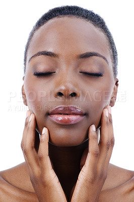 Buy stock photo Face, beauty and skincare natural black woman in studio isolated on white background for spa treatment. Aesthetic, wellness or relax and confident young model touching face with hands for dermatology