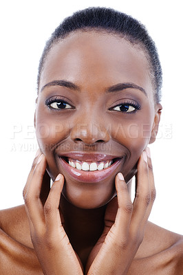 Buy stock photo Woman, portrait and smile for skincare health in studio or natural beauty, cosmetics or self care. Black person, model and confident or dermatology treatment on white background, facial or mockup