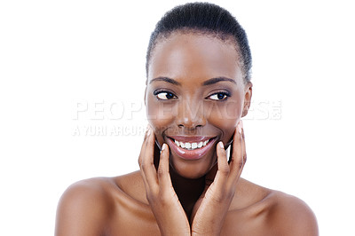 Buy stock photo Face, beauty and thinking with hands of black woman in studio isolated on white background for wellness. Skincare, smile and aesthetic with happy model at spa for natural cosmetics or dermatology