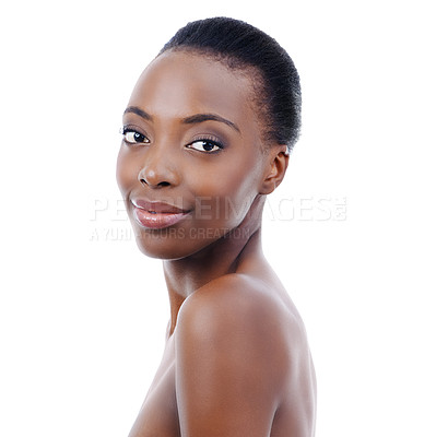 Buy stock photo Skincare, dermatology and portrait of black woman in studio with smile, natural makeup or facial glow. Cosmetics, beauty and face girl on white background for healthy skin care, shine or wellness.
