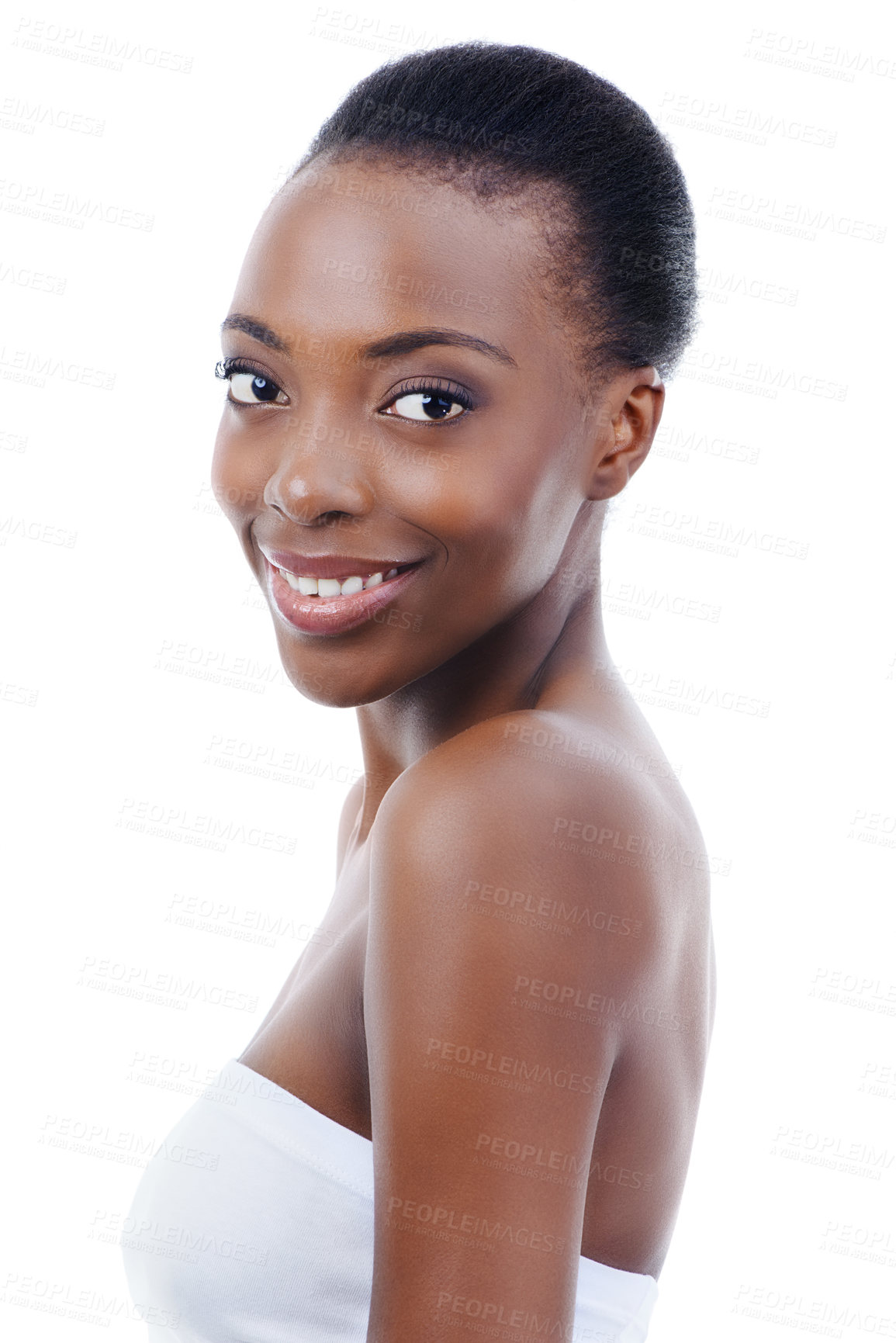 Buy stock photo Skincare, dermatology and portrait of black woman with smile, natural makeup or facial glow in studio. Cosmetics, beauty and face of happy girl on white background for healthy skin, shine or wellness