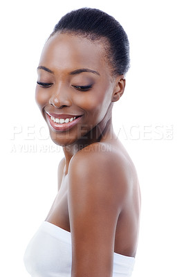 Buy stock photo Beauty, relax and face of black woman in studio with smile, natural makeup or facial glow. Cosmetics, dermatology or skincare on happy girl on white background for healthy skin, shine or wellness.