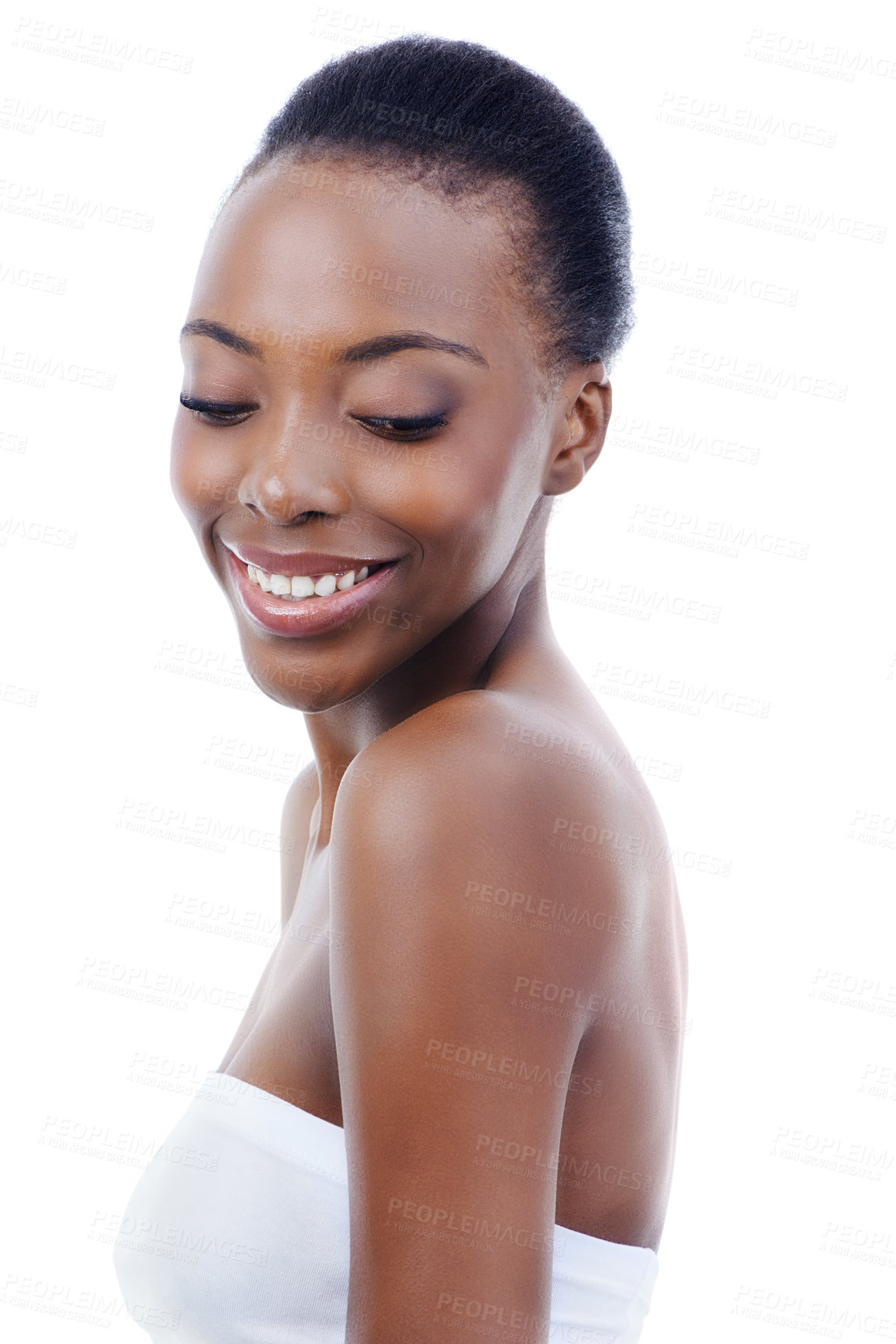 Buy stock photo Beauty, relax and face of black woman in studio with smile, natural makeup or facial glow. Cosmetics, dermatology or skincare on happy girl on white background for healthy skin, shine or wellness.