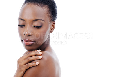 Buy stock photo Hand, skin and natural beauty with black woman in studio, dermatology and wellness on white background. Healthy glow, clean skincare and hygiene with treatment, facial and body care with cosmetics