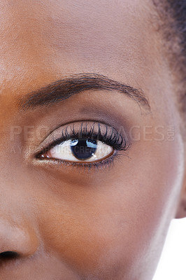 Buy stock photo Half, eye and face of black woman closeup with vision and focus for optometry test or exam. Eyesight, portrait and African model with optical contact lenses, healthcare and ophthalmology perception