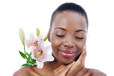 Buy stock photo Eyes closed, flower and black woman with beauty, shine and grooming isolated on white studio background. African person, girl or model with natural cosmetics and skincare with treatment or soft glow