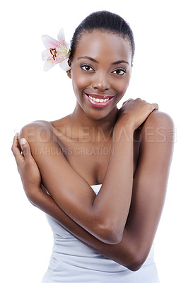 Buy stock photo Black woman, portrait and flower for natural beauty, wellness and dermatology with nature on white background. Orchid, eco friendly cosmetics and body care with skin and clean skincare in studio
