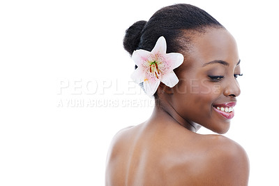 Buy stock photo Studio shot of a young african american model with a flower isolated on white
