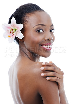 Buy stock photo Black woman, skin and flower in portrait, beauty and wellness with dermatology and nature on white background. Orchid, eco friendly cosmetics and body care with natural and clean skincare in studio