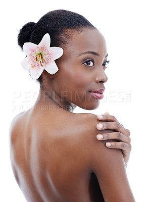 Buy stock photo Black woman, skin and flower, thinking of beauty and wellness with dermatology and nature on white background. Orchid, eco friendly cosmetics and body care with natural and clean skincare in studio