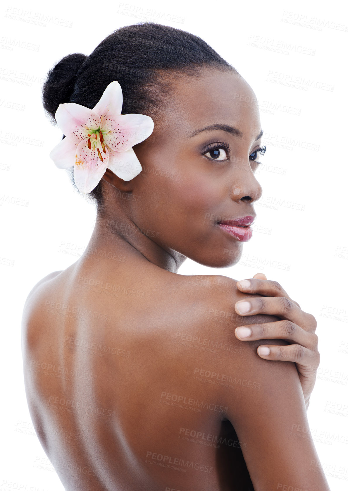 Buy stock photo Black woman, skin and flower, thinking of beauty and wellness with dermatology and nature on white background. Orchid, eco friendly cosmetics and body care with natural and clean skincare in studio