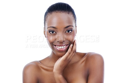 Buy stock photo White background, skincare and portrait of happy black woman for wellness, cosmetics and luxury spa. Dermatology, beauty salon and face of person for makeup, glow and facial treatment in studio