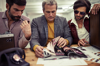 Buy stock photo Retro, fashion and business people with designer, brainstorming and collaboration with a project and conversation. Group, employees and manager with vintage style and creative with teamwork and ideas