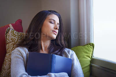 Buy stock photo Woman, book and literature for sleeping or dreaming, home and fiction novel for knowledge. Female person, student and information for learning, burnout and tired from studying on weekend in house