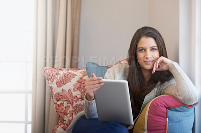 Buy stock photo Woman, portrait and tablet for browsing on social media, app and streaming a movie at home. Female person, smile and internet connection for blogging, happy and online communication on technology