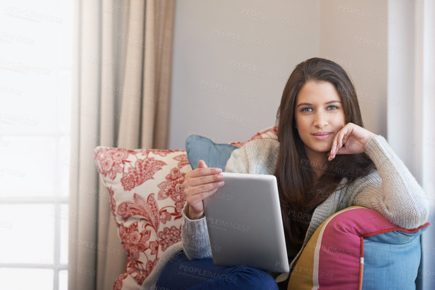 Buy stock photo Woman, portrait and tablet for browsing on social media, app and streaming a movie at home. Female person, smile and internet connection for blogging, happy and online communication on technology