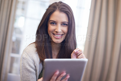 Buy stock photo Woman, portrait and tablet for browsing on website, app and scrolling on social media at home. Female person, smile and internet connection for blogging, happy and online communication on technology