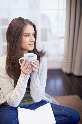 Buy stock photo Woman, thinking and coffee in living room, daydream or future for inspiration and journal in apartment. Calm, thoughtful and insight, mindfulness with tea for ideas or memory at home with notebook