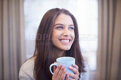 Buy stock photo Happy woman, thinking and coffee in living room, future or daydream for inspiration and positivity in apartment. Smile, excited with tea and mindfulness with insight, ideas and drink espresso at home