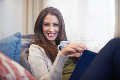 Buy stock photo Woman, drinking coffee and reading book to relax in portrait, literature and fiction novel for knowledge. Female person, happy and information for learning, comfortable and story on weekend at home