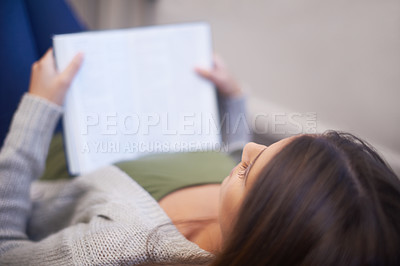 Buy stock photo Woman, relaxing and reading book for knowledge at home, literature and fiction novel for leisure. Female person, bed and information for learning, comfortable and fantasy story on weekend in house