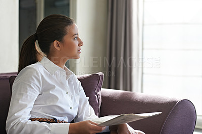Buy stock photo Home, thinking and business with woman, newspaper and brainstorming with investor and economy blog. Person, accountant and employee with trading information and finance with ideas, wonder or planning