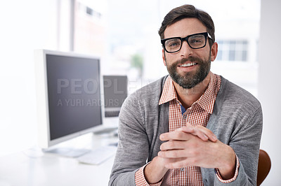 Buy stock photo Portrait, smile and business with man, glasses and office with employee or career with graphic designer. Face, person or entrepreneur with a computer or eyewear with creative director or clear vision