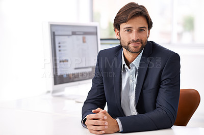 Buy stock photo Portrait, businessman and office with pride for career at desk to work in human resources career. Human resources, job and male person with confidence for recruitment entrepreneurship at agency 