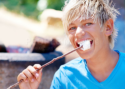 Buy stock photo Child, portrait and marshmallow on stick or camping outdoor for dessert snack, adventure or summer. Boy, kid and face smile with chocolate or cookie for fire cooking or hungry, candy or environment