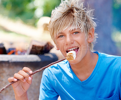 Buy stock photo Child, portrait and marshmallow on stick while outdoor for dessert snack, adventure or summer. Boy, kid and face smile for sweet candy or fire cooking in environment for holiday, forest or hungry