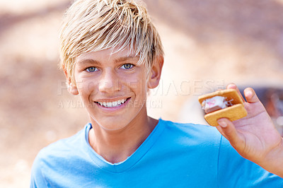 Buy stock photo Child, portrait and marshmallow smores while camping outdoor for dessert snack, adventure or summer. Boy, kid and face smile with chocolate or cookie for food cooking or hungry, sweet or environment