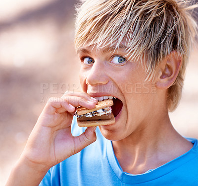 Buy stock photo Child, portrait and marshmallow smores or outdoor for dessert snack, adventure or summer. Boy, kid and face smile with chocolate or cookie for fire cooking or hungry for candy, sweet or environment
