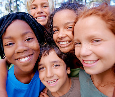Buy stock photo Portrait, diversity and group with happiness, outdoor and teamwork with joy, wellness and kids with support. Face, young people and friends on a weekend break, multiracial and playful at summer camp