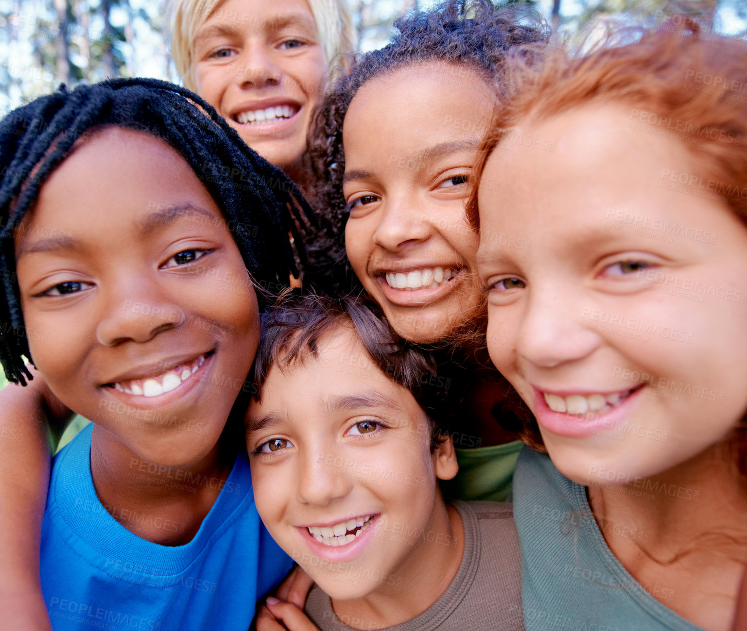 Buy stock photo Portrait, diversity and group with happiness, outdoor and teamwork with joy, wellness and kids with support. Face, young people and friends on a weekend break, multiracial and playful at summer camp