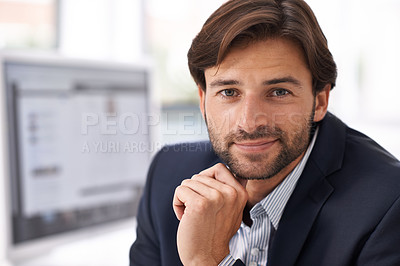 Buy stock photo Smile, professional and portrait of business man in office for confidence, corporate and pride. Happy, computer and hr advisor with male employee in recruitment agency for startup agency and career