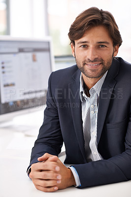 Buy stock photo Portrait, computer and smile with business man in office for human resources, professional and online. Email, resume and corporate employee with person at desk in recruitment agency for onboarding