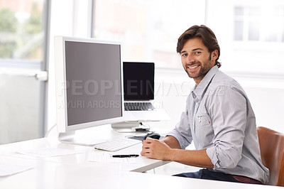 Buy stock photo IT, programmer and portrait of man in office at desk with computer for cybersecurity and coding. Businessman, laptop and engineer with monitor in company for professional online and web security