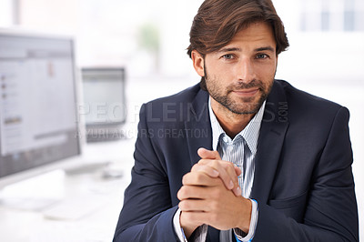 Buy stock photo Smile, pride and portrait of businessman in office with positive, good and confident attitude. Happy, legal career and professional male attorney sitting at desk in modern law firm workplace.