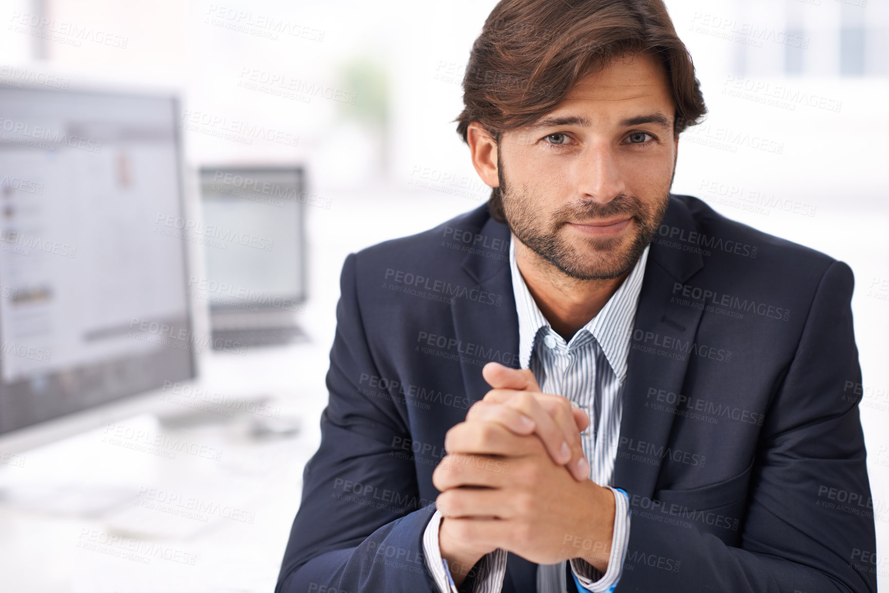 Buy stock photo Smile, pride and portrait of businessman in office with positive, good and confident attitude. Happy, legal career and professional male attorney sitting at desk in modern law firm workplace.