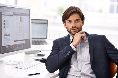 Buy stock photo Portrait, computer and business with man, accountant and screen with startup and employee in a workplace. Person, financial adviser and. broker with a pc and internet with investor and professional