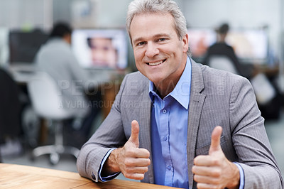 Buy stock photo Smile, thumbs up and portrait of business man in office for success, yes and agreement. Happy, manager and pride with mature employee in agency startup for professional, achievement and approval 