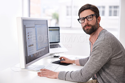 Buy stock photo Research, computer and portrait of business man in office for information, company and project management. Idea, review and online with male employee in startup agency for professional feedback